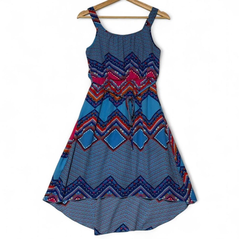 Paper Doll High Low Dress Size 16 Blue Fuchsia Geometric Print Summer Girl's